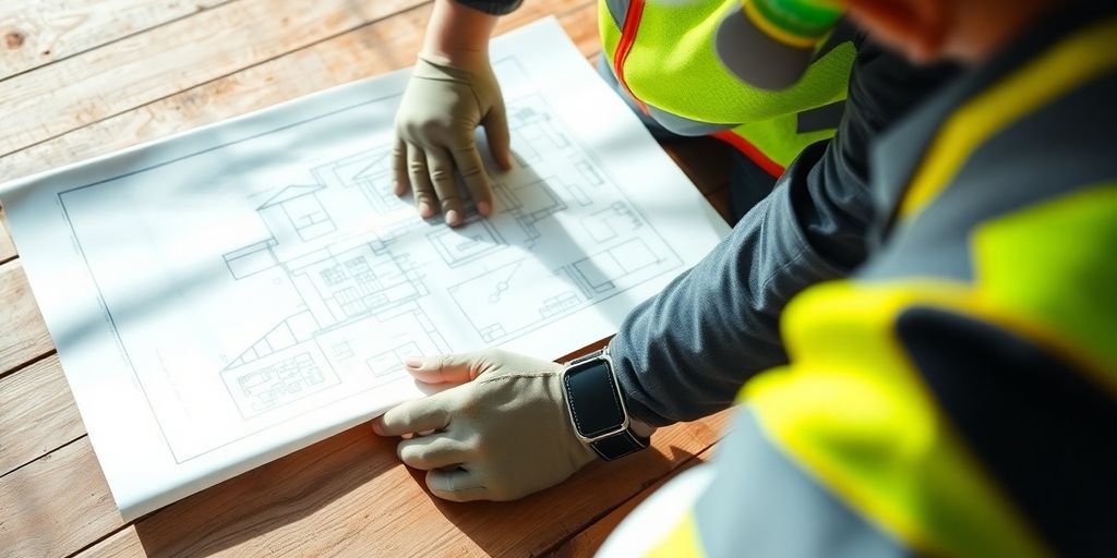 Construction worker inspecting a house blueprint.
