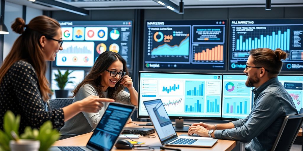 Profissionais de marketing digital em um escritório moderno