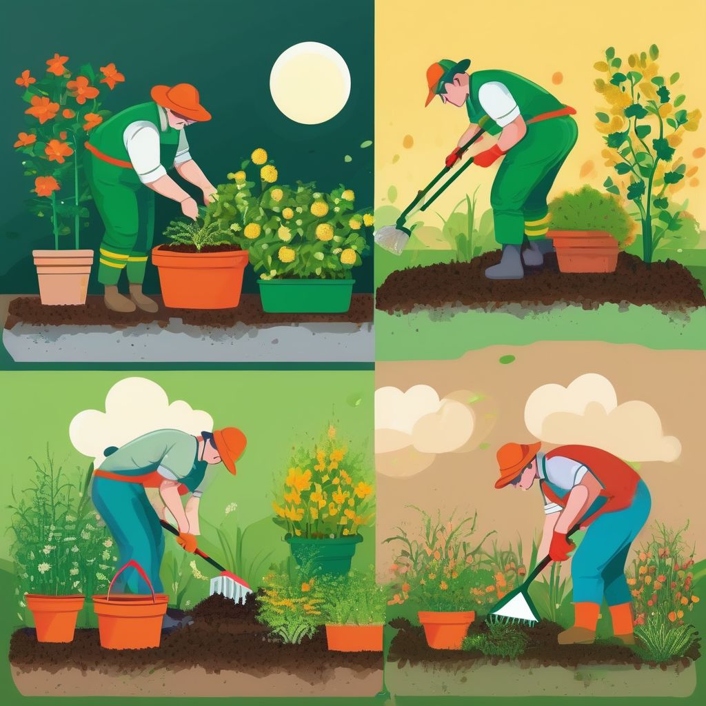 gardener applying fertilizer to plants in different seasons