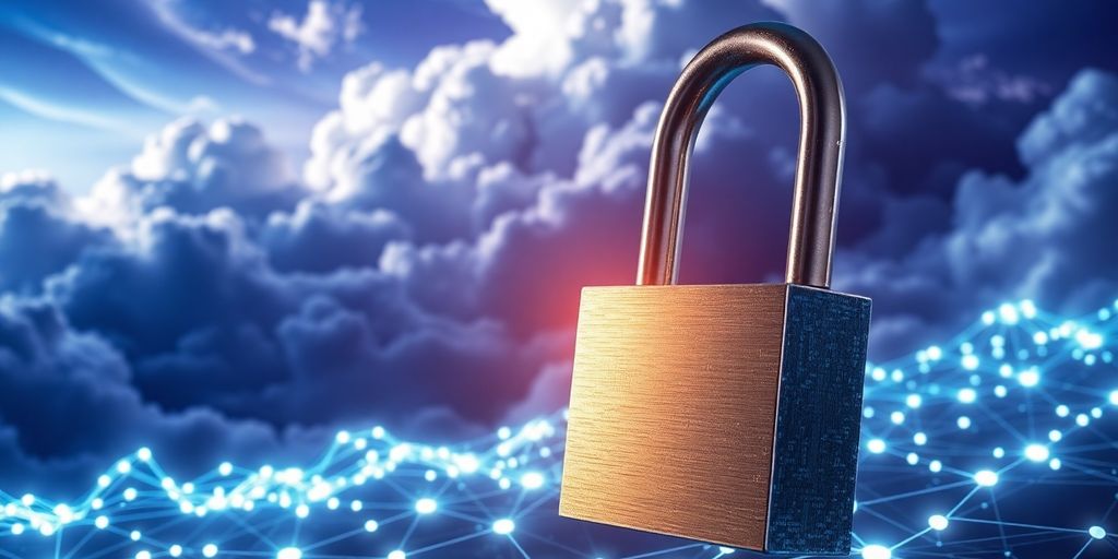 Clouds, glowing data, flowing circuits, and a padlock.