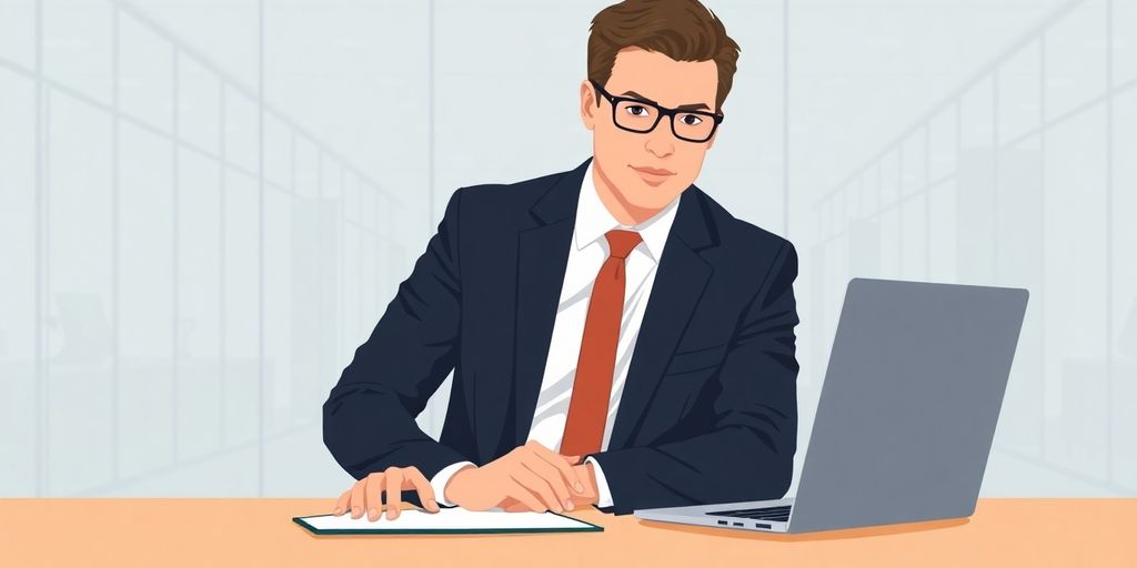 Person in suit, laptop, data visuals, professional setting.