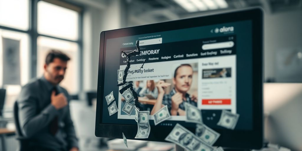 Broken website with money falling out.
