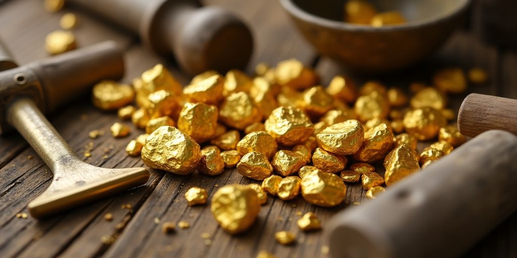 Gros plan sur des pépites d'or et des outils miniers.