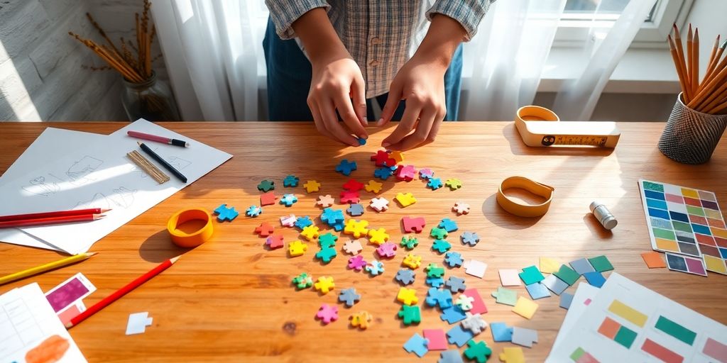Hands arranging colorful puzzle pieces and creative tools on desk.