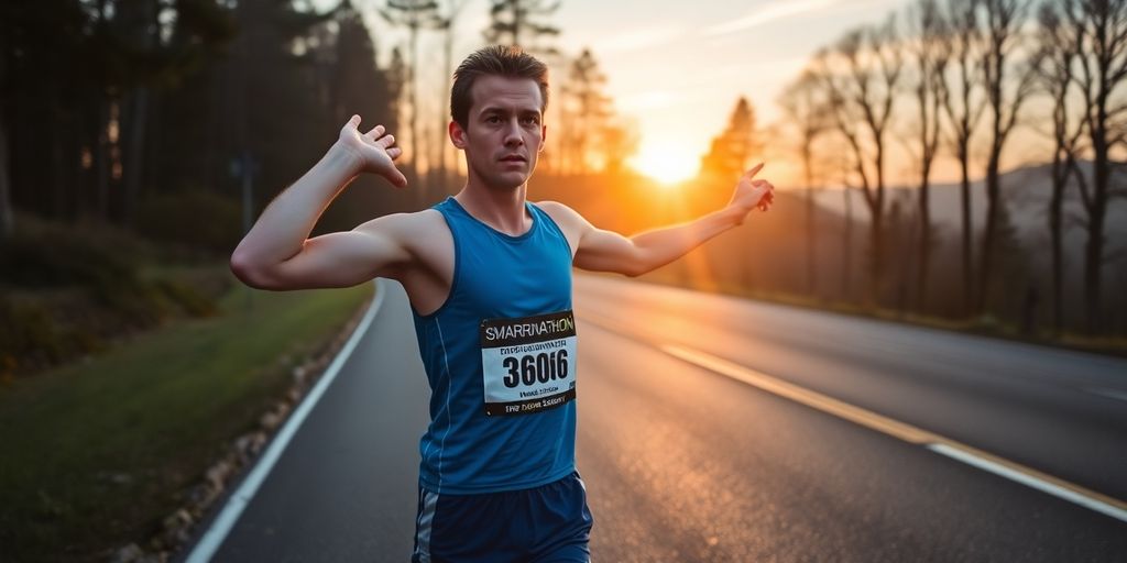 Runner preparing mentally for marathon with scenic backdrop.