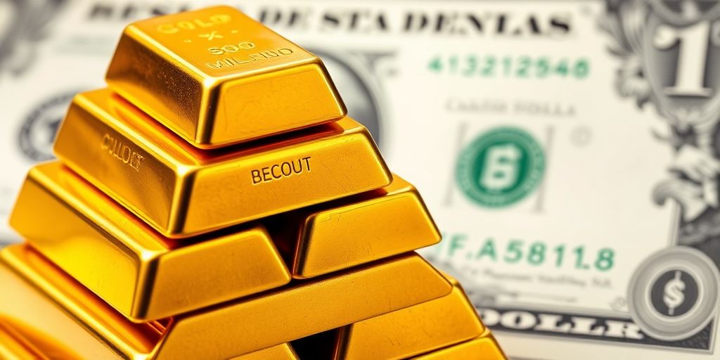 Des lingots d'or sur fond de billets de dollar.
