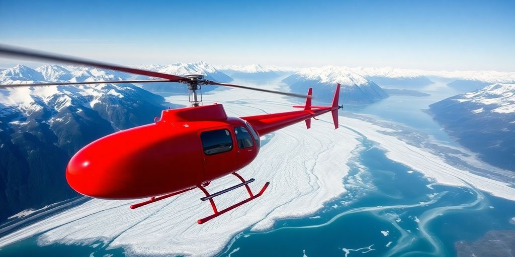 A red helicopter flies over majestic snow-covered Alaskan mountains.