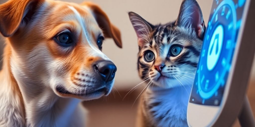 Dog and cat interacting with a futuristic glowing device.