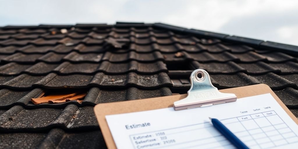Close-up of damaged roof with repair estimate clipboard.