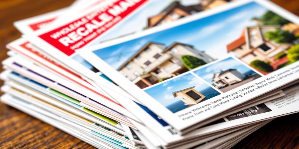 Colorful postcards promoting real estate opportunities on a table.