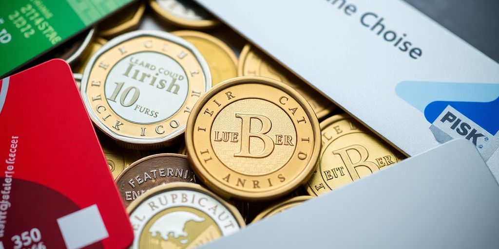Irish coins and credit cards arranged neatly.