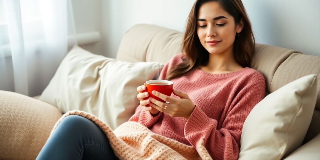 Woman relaxing at home with tea and cozy pillows.