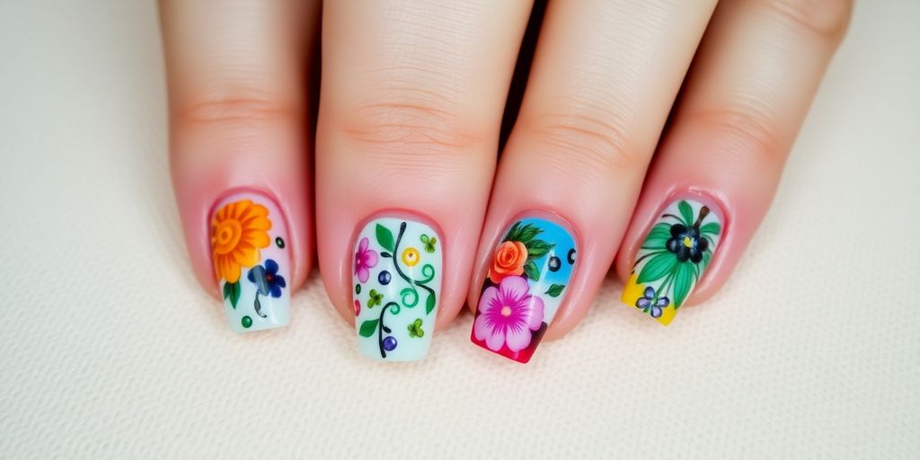 Imagem de unhas decoradas com arte colorida.