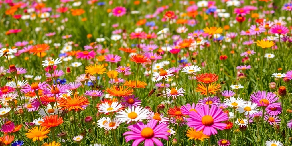 Blühende Wildblumenwiese mit verschiedenen Farben und Insekten.