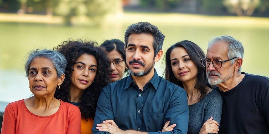 Group of people discussing self-esteem in a serene setting.