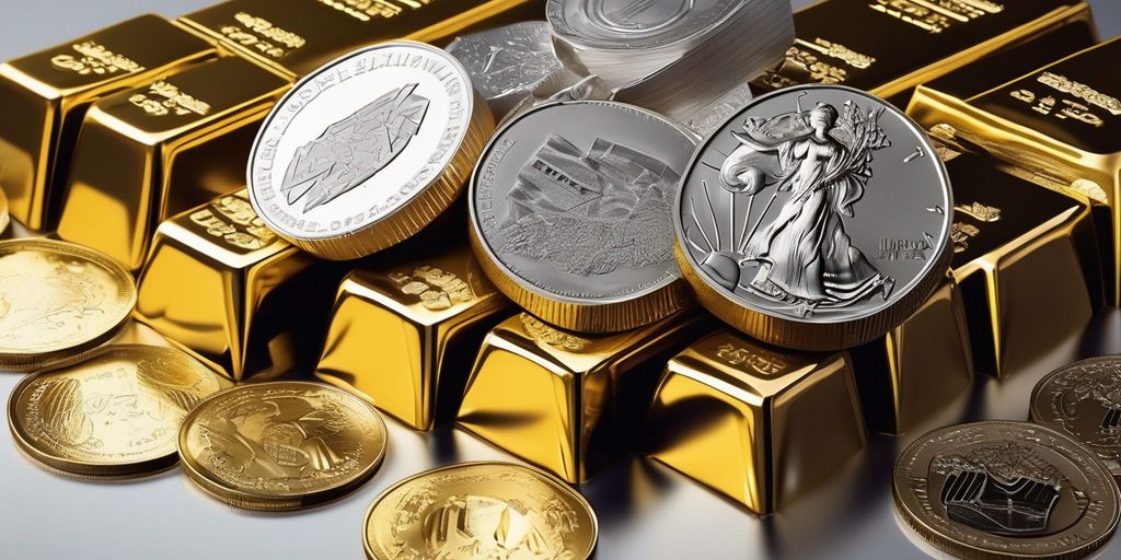 gold bars and silver coins with a background of a financial crisis