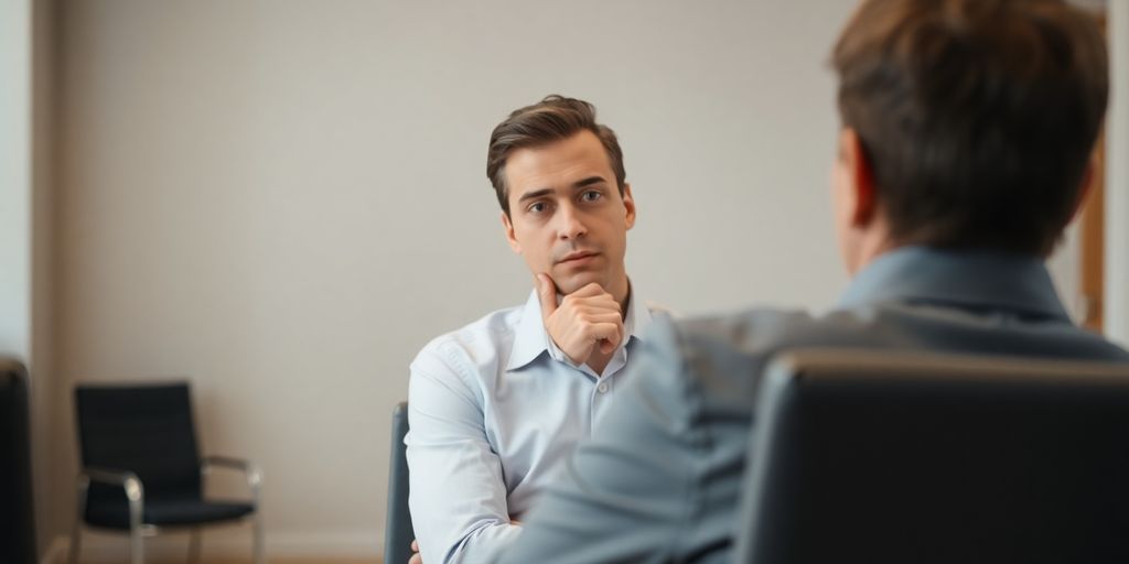 Person thinking deeply during job interview.