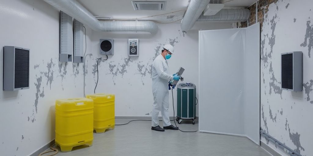 Technician in protective gear using air filtration equipment.