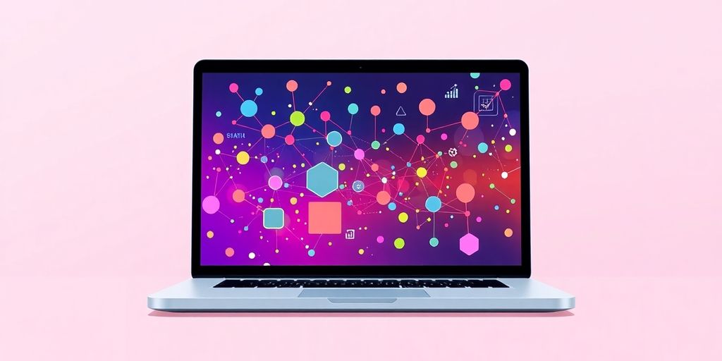 Laptop screen with colorful geometric shapes and data points.