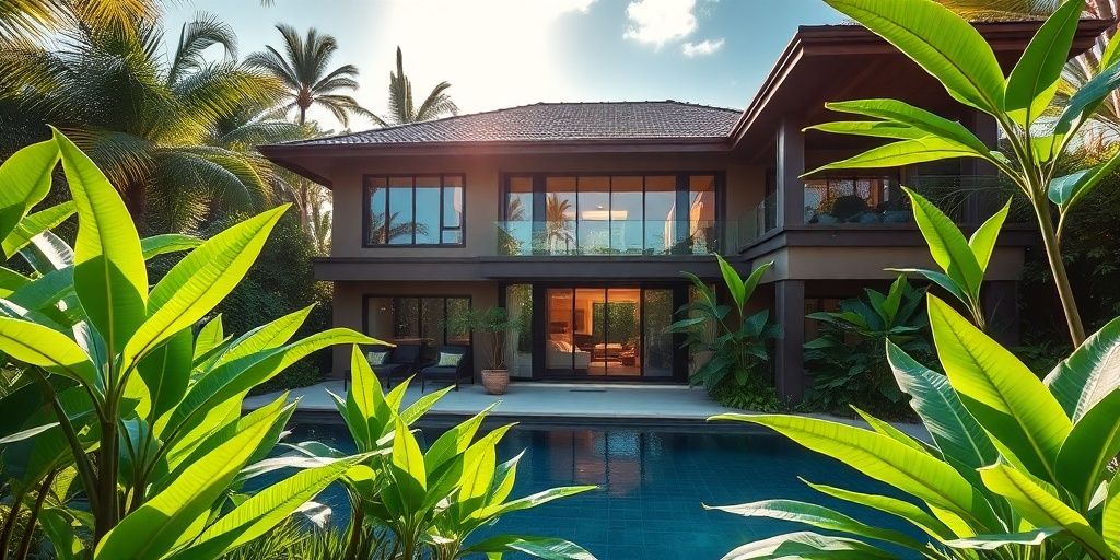 Phuket villa exterior with tropical foliage.