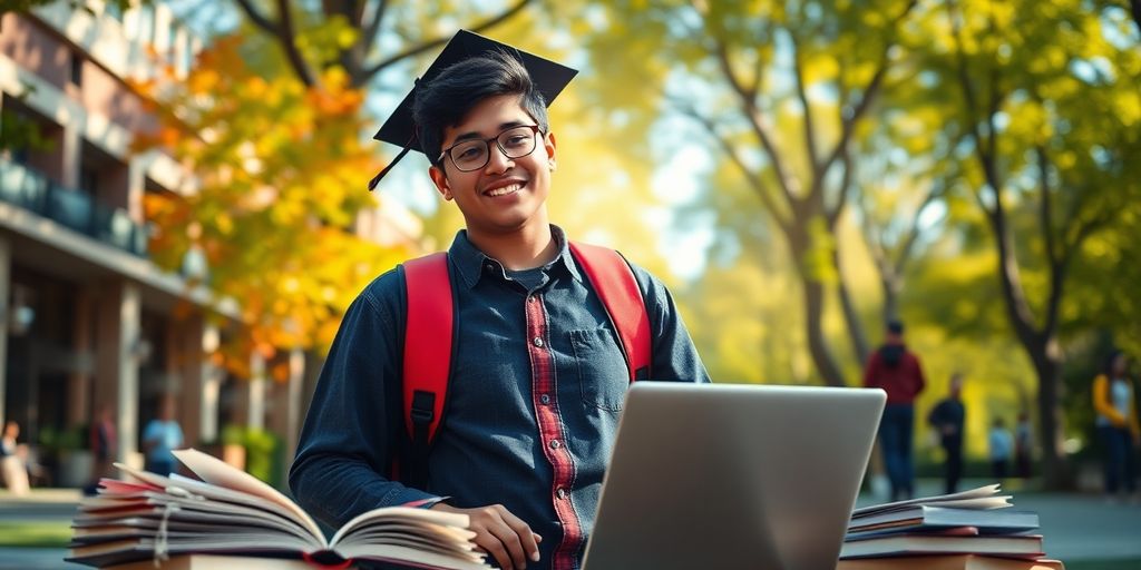 University student studying in a vibrant campus setting.