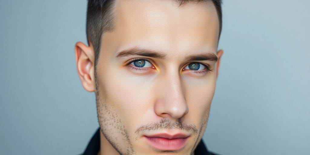 Man's face, minimalist, clean, sophisticated.