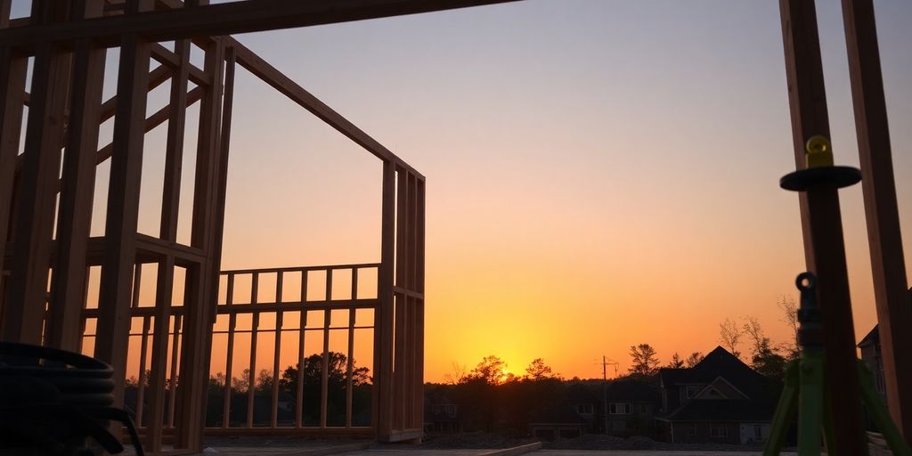 Modern home construction site at sunset.