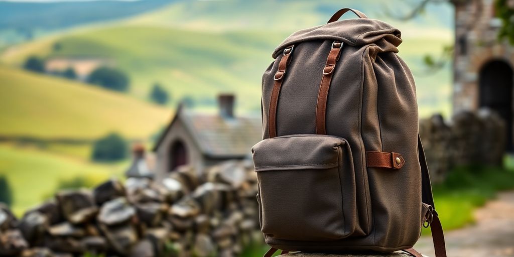 Sturdy backpack against a scenic British backdrop.
