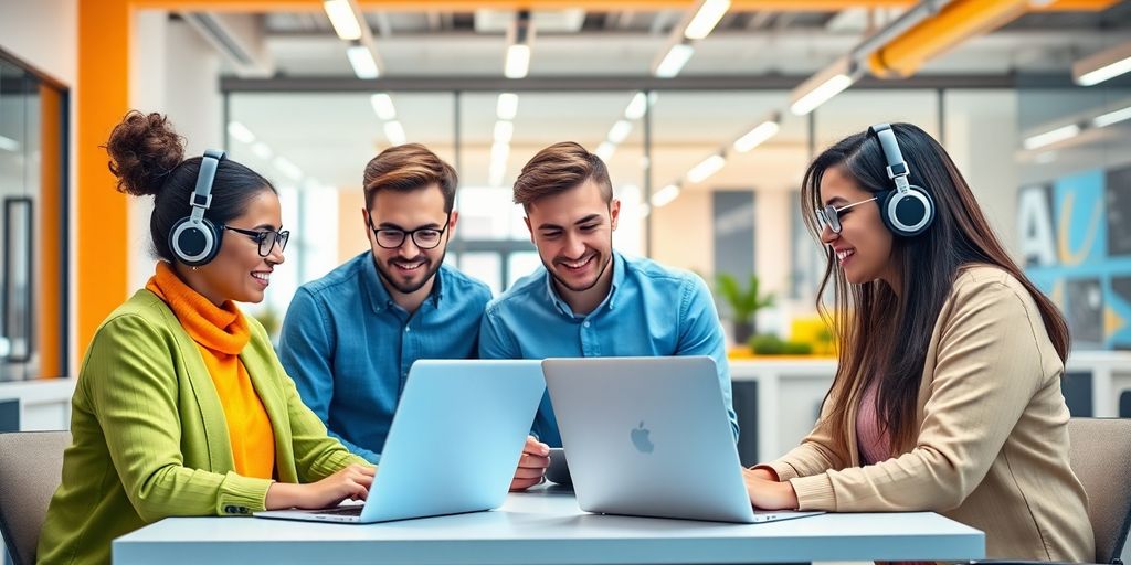 Team using AI tools for marketing automation in office.
