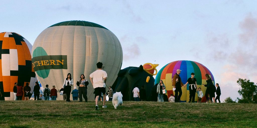 Hot air balloons are prepared for launch on a grassy hill.