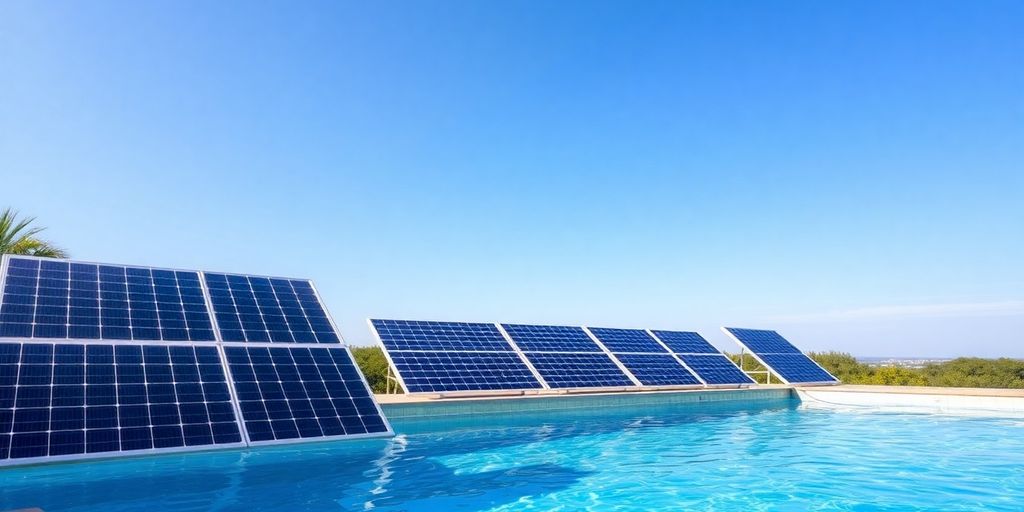 Piscine, panneaux solaires, soleil, ciel bleu