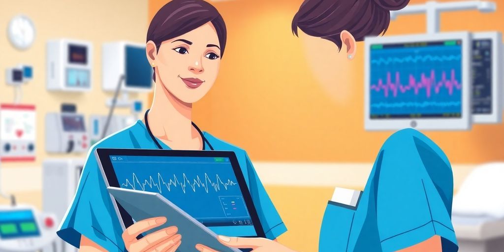 Nurse monitoring heart rhythm on screen.