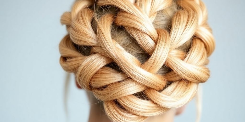 Close-up of blonde rope twists hairstyle on a model.