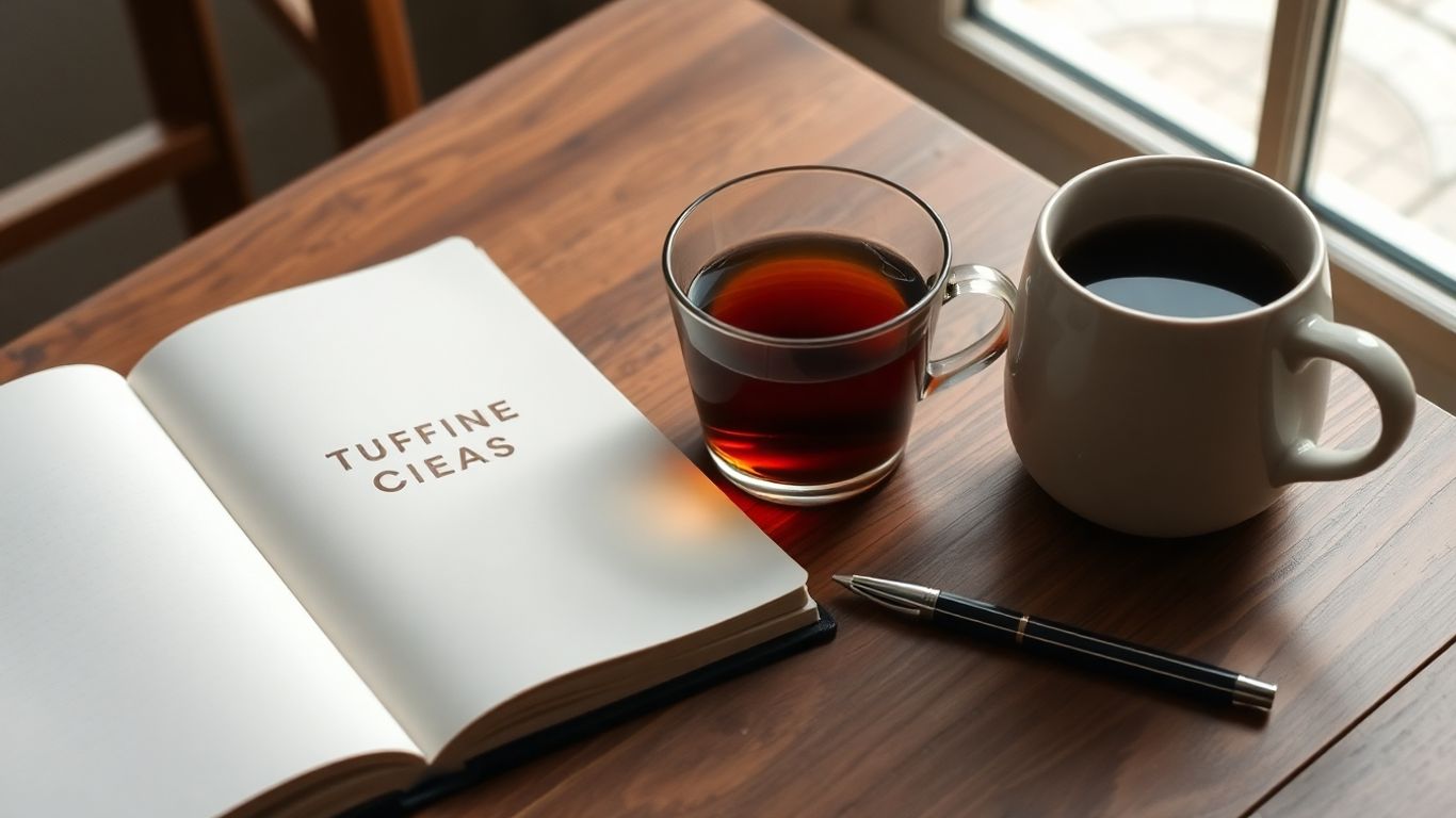 Open journal and cup of tea on wooden table