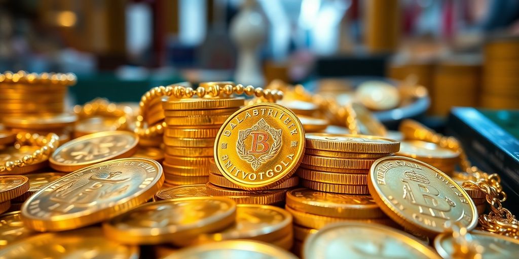 Photographie de pièces d'or et de bijoux brillants.