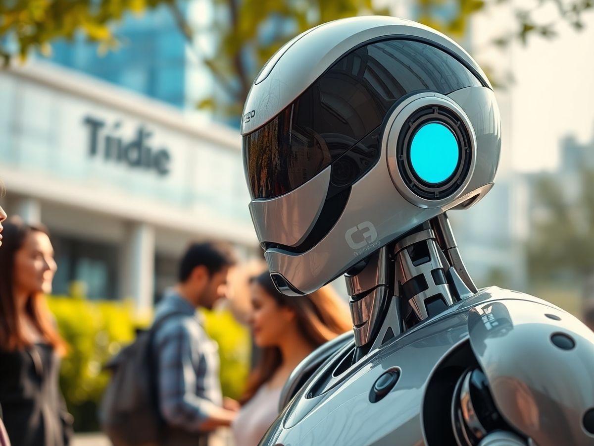Robot interacționând cu oameni în mediu urban modern.