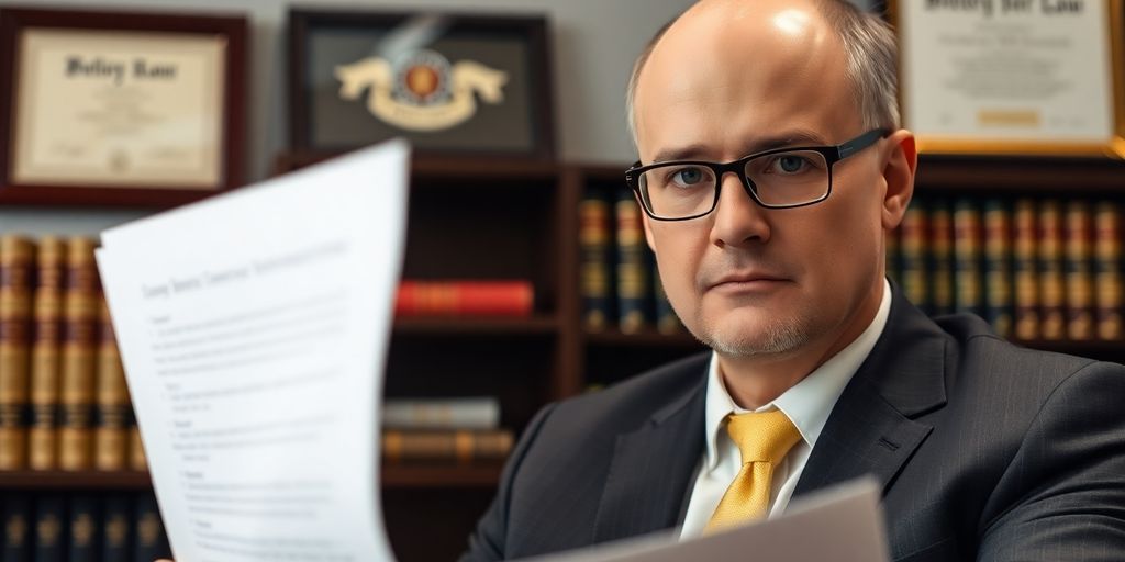 Professional attorney in office reviewing legal documents.