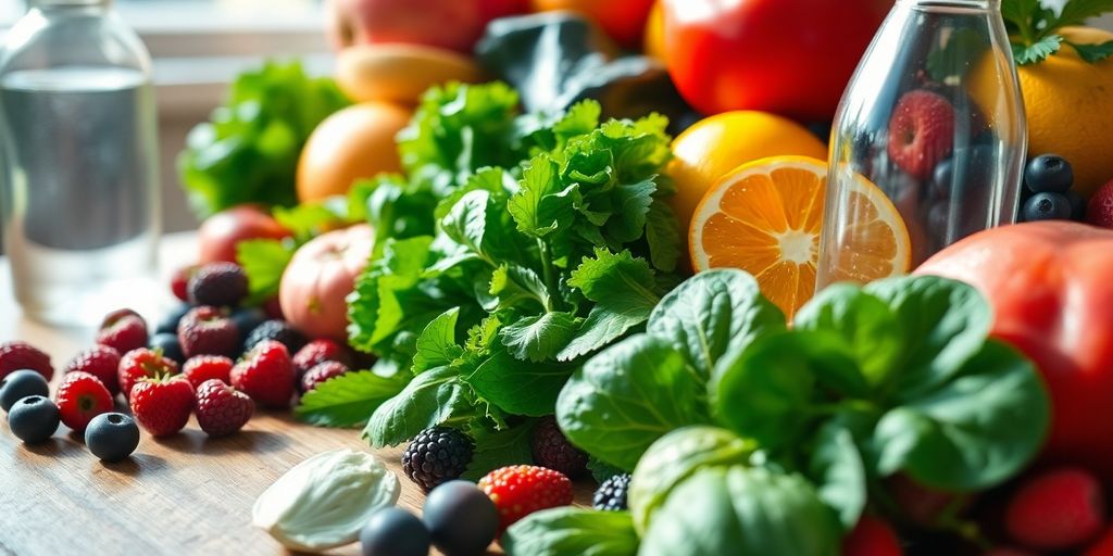 Colorful fruits, vegetables, and a water bottle.