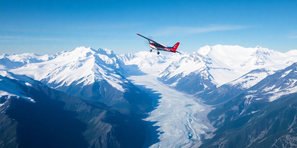 A small airplane flies over vast, snow-covered Alaskan mountains.
