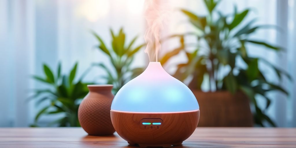 Elegant essential oil diffuser emitting colorful mist.