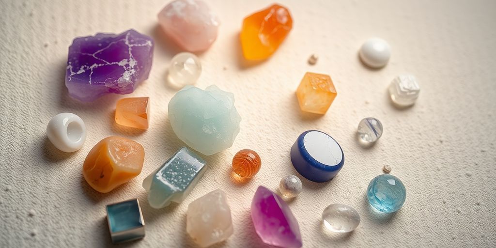 Vari cristalli disposti su una superficie morbida.
