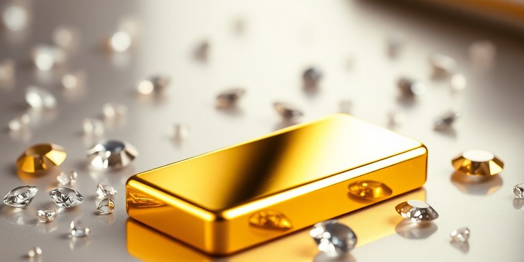 Lingot d'or et bijoux scintillants sur fond flou.