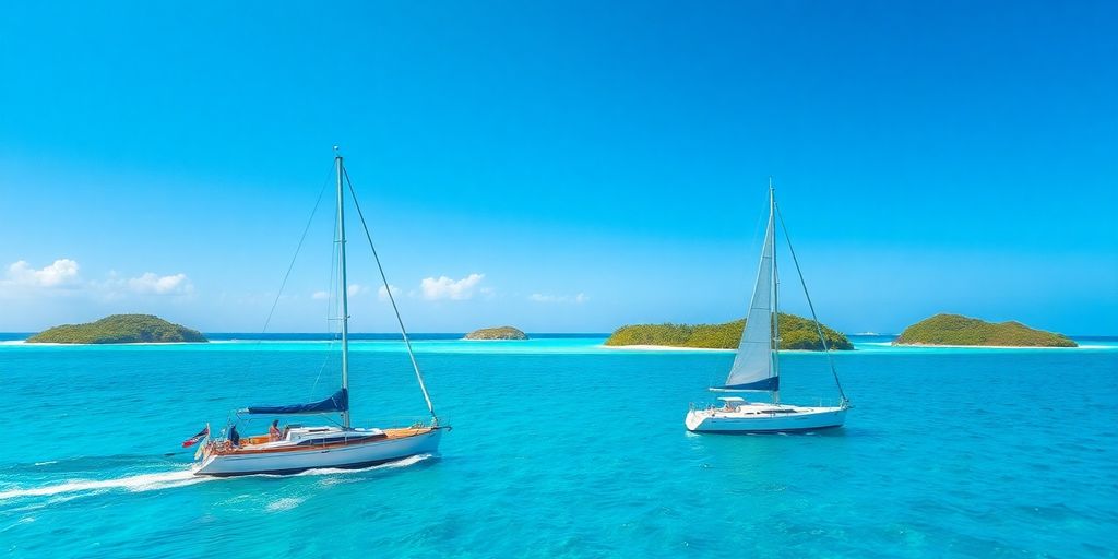 Sailboat glides turquoise Caribbean water, lush islands, sunny sky.