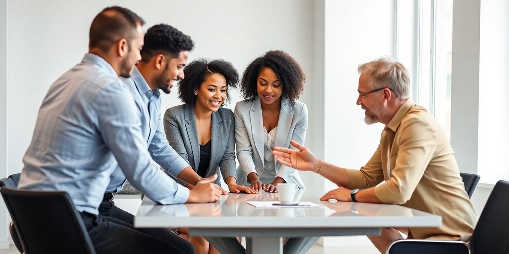 Four diverse people collaborating around a table.
