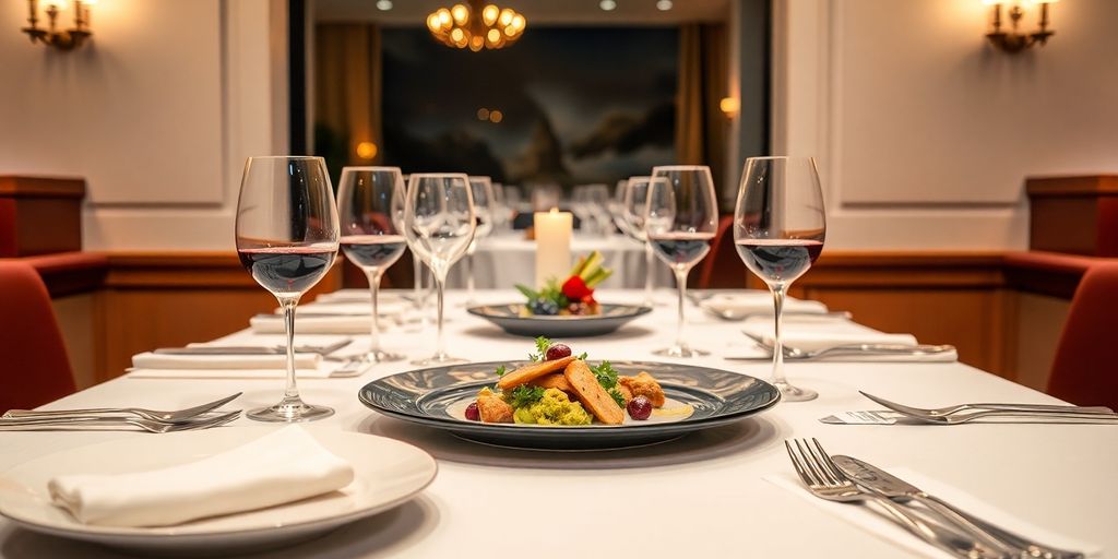 Elegant dining setup with gourmet food and fine wine.