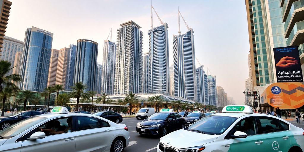 Dubai skyline with cars and people using ride-sharing services.