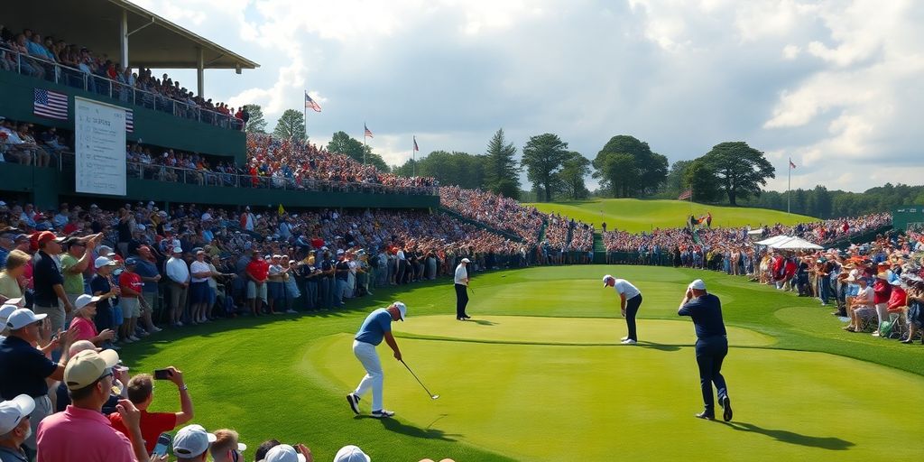 Golfers competing on a sunny day at the PGA Tournament.