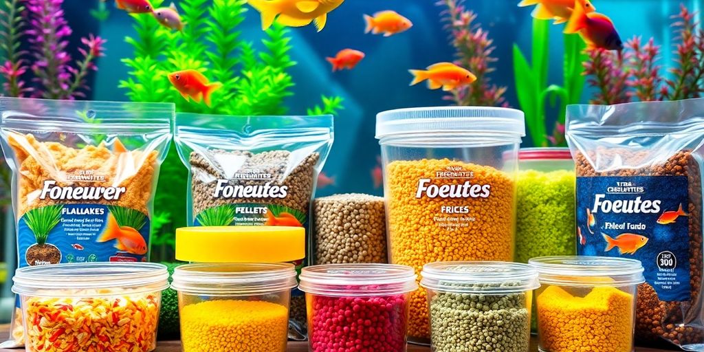 Variety of freshwater fish food in clear containers.