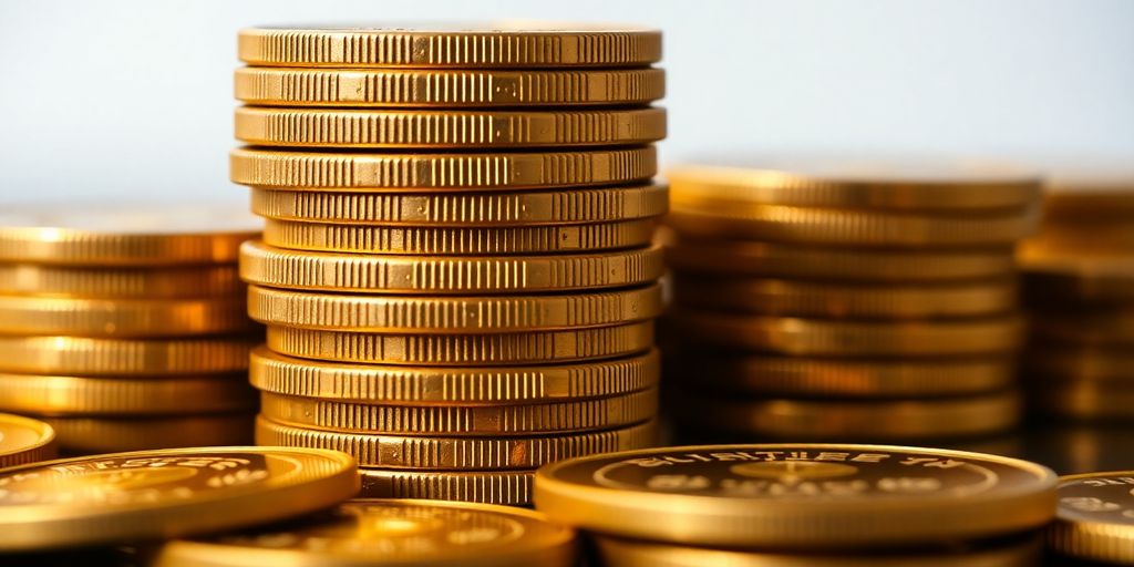 Pièces d'or brillantes et empilées sur un fond flou.
