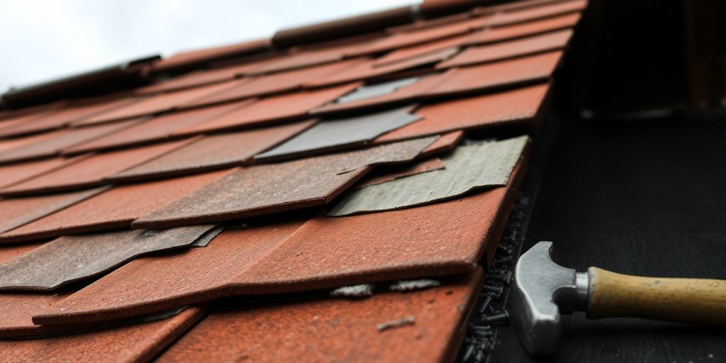 Damaged roof with repair tools and cloudy sky above.